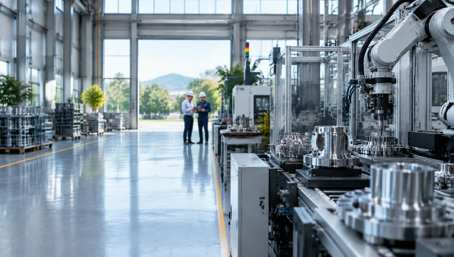 Fábrica moderna com componentes industriais e engenheiros analisando a operação